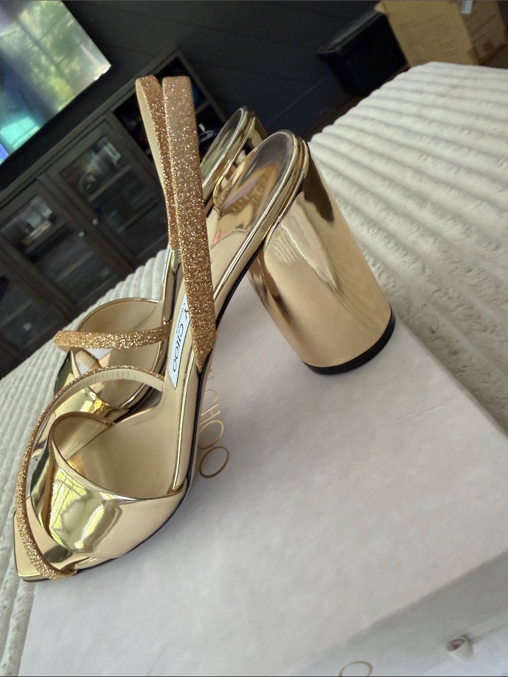 Jimmy Choo Gold Mirror Metallic Heel Sandals with Glitter Strap - Picture 6 of 7
